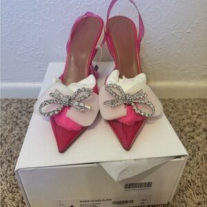 Amina Muaddi Pink Rosie Glass Slingback Heels with Crystal Bow 95MM Plexi Heel
